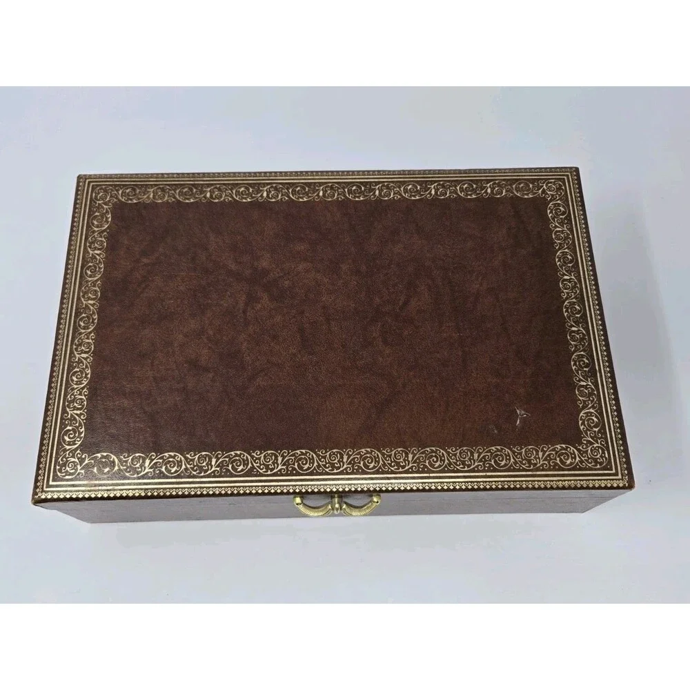 VINTAGE MELE TWO TIER BROWN FAUX LEATHER JEWELERY BOX GOLD FILIGREE CREAM VELVET
